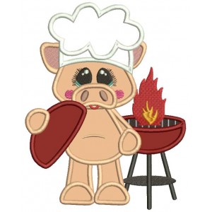 BBQ Chef Piggy With a Cute Smile Applique Machine Embroidery Design Digitized Pattern